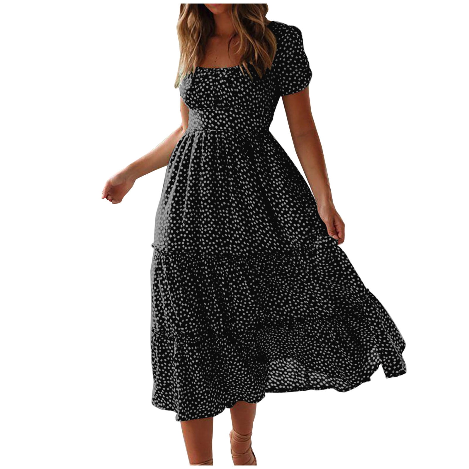 RKSTN Robes pour Femmes 2023 Robe d'Été Courte à Fleurs Col Carré Manches Courtes à Volants Superposés Boho Évasée Robes