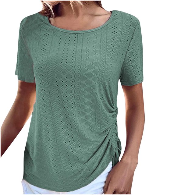 Besolor Tuniques d'Été pour Femmes, Col Rond Tendance, Manches Courtes, Chemises à Œillets, Blouse Décontractée avec Cordon de Serrage