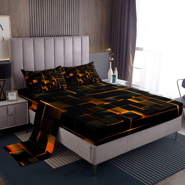 YST Stereoscopic Neon Geometry Sheets Full,Orange Black Neon Lights Bed Sheets For Kids Teens Adult Bedroom Decor, Modern Abstract Square Sheet Set Geometric Grid Flat Sheet