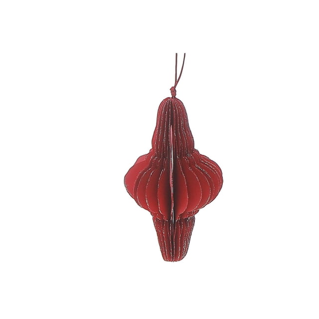 Folding Paper Finial Ornament Red - Set of 12 with a single radiant red paper finial ornament featuring intricate folds and a hanging loop, measuring 2.76 by 2.76 by 4.84 inches, ideal for Christmas tree decoration and lightweight home décor accents.