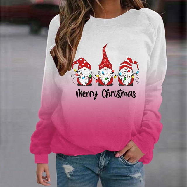 Qertyioot Hiver Mode Femmes Pull Imprimé de Noël, Manches Longues Col Rond Chaud Tendance en Vrac Tricoté Tops