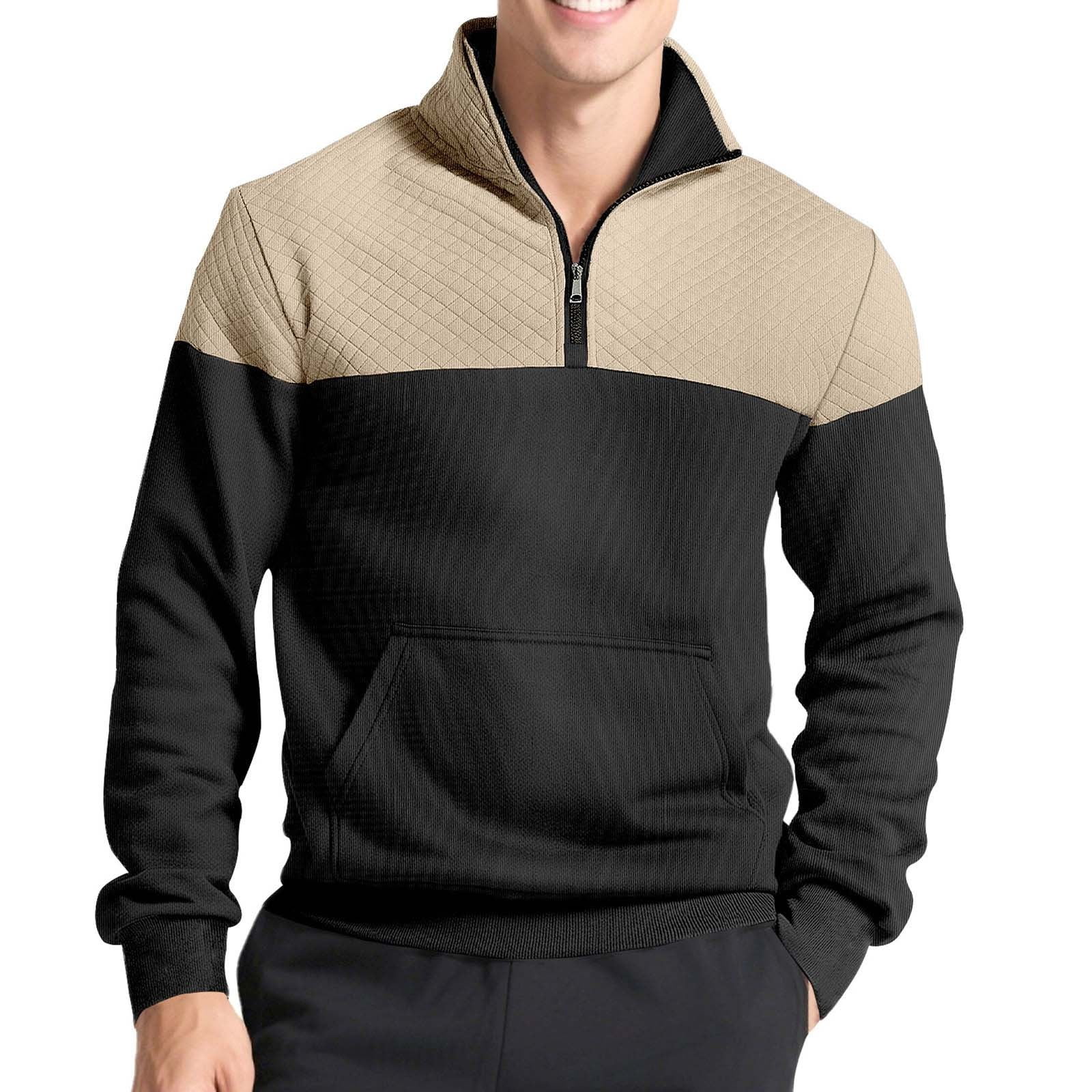 Tauxra Men Pullover Hoodies Solid Color Spliced High Neck Pullover