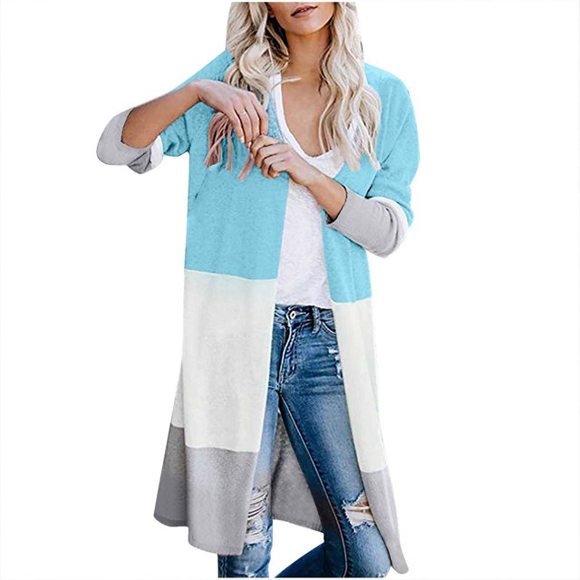 XZNGL Long Cardigans for Women Lightweight Ladies Paneled Contrast Striped Pocket Cardigan Long Jacket
