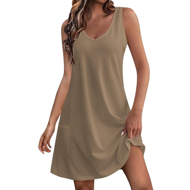 Timegard Robes pour Femmes Col en V Été Décontracté Robes T-Shirt Sortie de Plage Robe Débardeur avec Poches