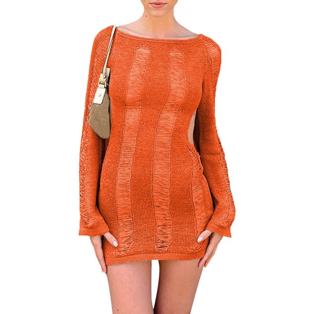 Fortune Robe Courte Tricotée Découpée pour Femmes Été Dos Nu Manches Longues Mini Robes Enveloppées