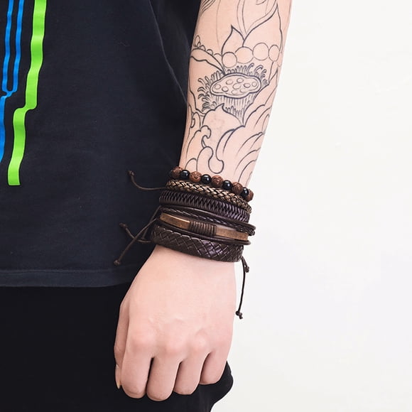 HOARBOEG Couple Bracelets,Friendship Bracelets Men Simple Vintage Woven Leather Bracelet Alloy Guitar Leather Bracelet Set