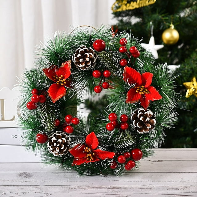 MesaSe 12.6 "Couronnes de Noël pour Porte d'Entrée - Couronne Artificielle avec des Fleurs Rouges Pommes de Pin Baies Décoration Guirlande Artificielle Décoration de Noël Partie Décor - Se Marier Couronnes de Noël f