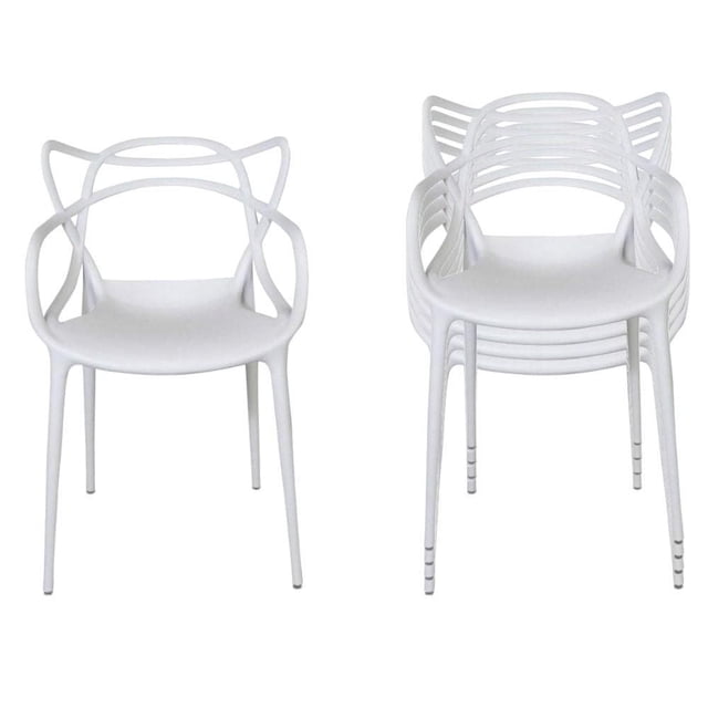 Master Style Plastic Chair Modern Mid Century, white indoor outdoor stackable patio chair set of 4 with 18 inch seat height, made of durable molded polypropylene, featuring curved open backrest and armrests, shown front and stacked side views, suitable for kitchen, restaurant, or bar seating.