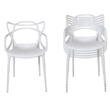 Master Style Plastic Chair Modern Mid Century, Indoor Outdoor Chair Patio Chair Kitchen Chair 18 Inch Seat Height Restaurant Chair Plastic Stackable Chair Side Bar Chair in White Set 4