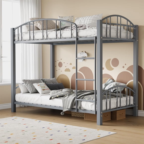 Eastvita Twin Gray Metal Twin-Over-Twin Bunk Bed Frame with Heightened Arched Guardrail/Safety Ladder - Sturdy Steel Bed for School Bedroom/Easy to Assemble