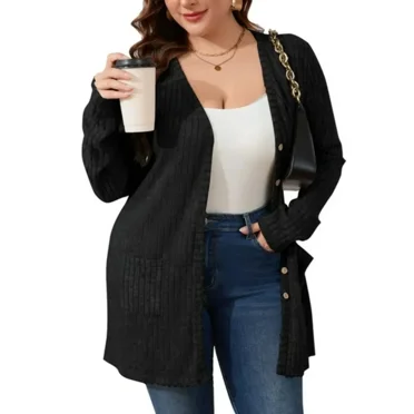 AviBest Cardigans Grande Taille pour Femmes Légers à Manches Longues, Ouverts à l'Avant, Boutonnés, Cardigans Fins d'Automne avec Poches, 1TG-5TG