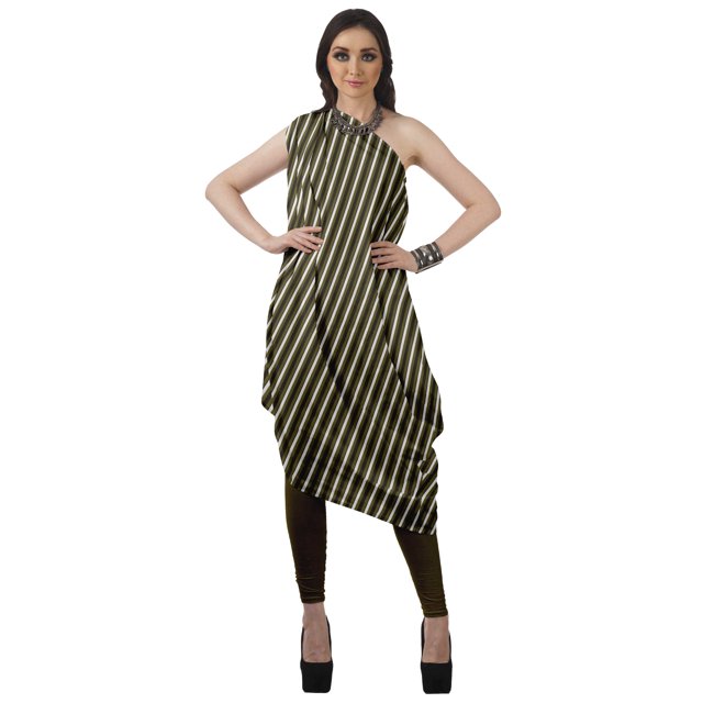 Moomaya Robe Kurti à une Épaule Imprimée pour Femme, Sans Manches, à Col Bénitier, Style Bohème, Tenue de Soirée de Designer