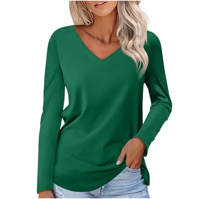 Timegard Womens Tops V-Neck Long Sleeve Basic Tee Solid Color Comfy Blouse Fall Casual Tunic Tops