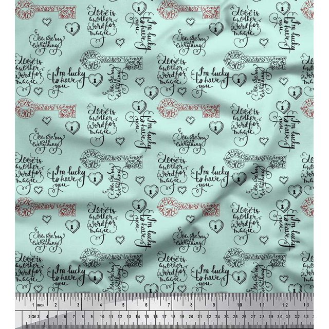 Soimoi Green Rayon Fabric Positive Quotes & Heart Text Print Fabric by Yard 56 Inch Wide