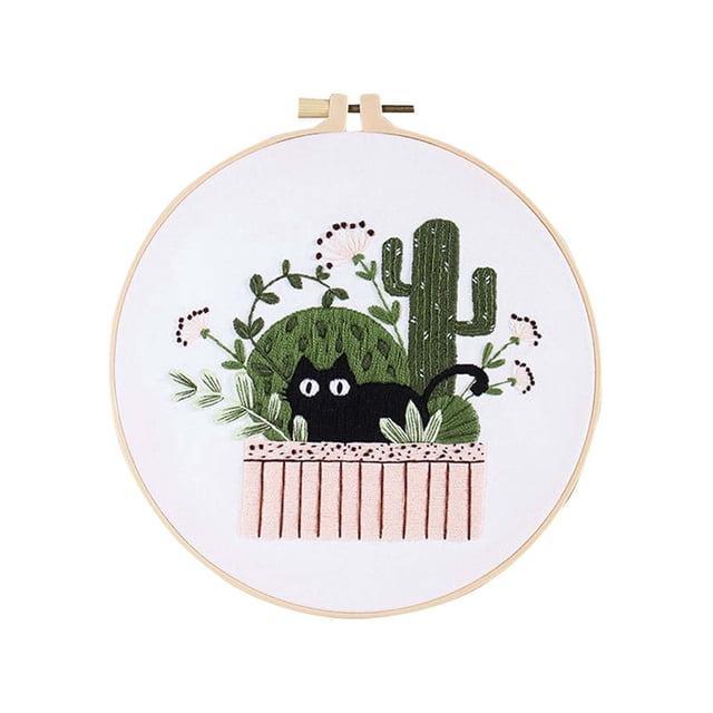 Needle and Thread Cat Hand Embroidery Kit for Beginners with Floral Modern Botanical Patterns Complete Stitching Art Set Easy Great Ideal Bundle