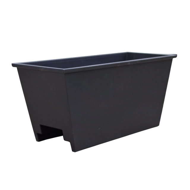 Mainstays 22-Inch Over-Rail Window Box Planter in matte black weather-resistant plastic with a rectangular tapered shape and drainage slots, designed for balcony or railing use and suitable for planting flowers, herbs, or small plants.