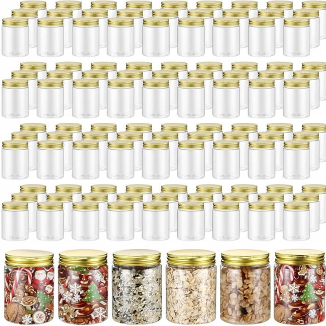 Wesiti 100 Pcs 8 oz Clear Plastic Mason Jars Containers With Screw on Gold Lids Refillable Round Empty Plastic Jars Storage Containers Reusable for K
