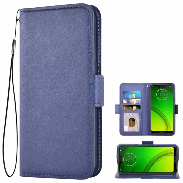 Mobile Phone Cover for Motorola Moto G7 Power, a blue flip-up case made of premium synthetic leather with a magnetic closure. Features include card slots for credit cards, ID, and business cards, a side pocket for cash, and a built-in stand function for hands-free viewing. The inner TPU shell provides protection against dirt, bumps, and scratches. The case is shown closed with a wrist strap, open displaying card slots and a phone, and in a horizontal stand position.