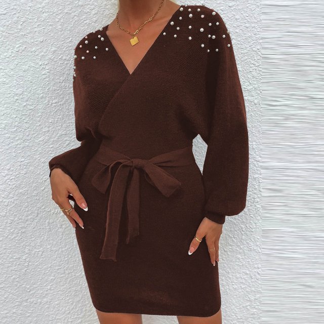 Pisexur Robe à Manches Longues à Col en V Robe à Manches Longues à Col en V pour Femme Robe Unie en Tricot Robe à Manches Longues à Col en V Robe pour Femme