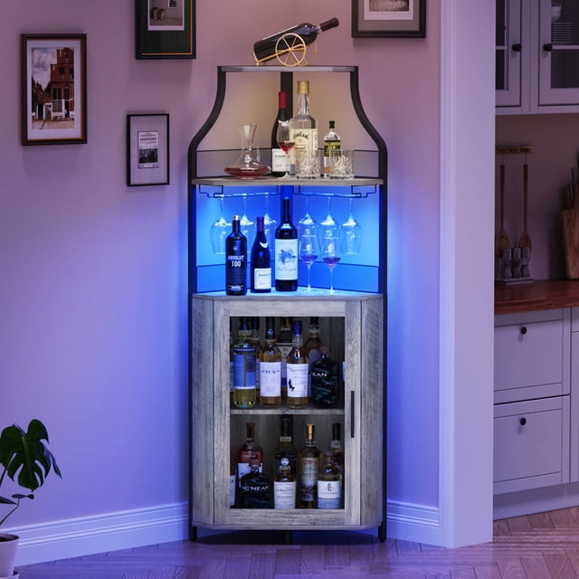 Armoire de Bar d'Angle, Armoire à Vin Moderne avec Tablettes de Rangement et Porte en Treillis, Armoire de Rangement pour Alcools de Bar à Domicile avec Support en Verre pour Salon, Salle à Manger