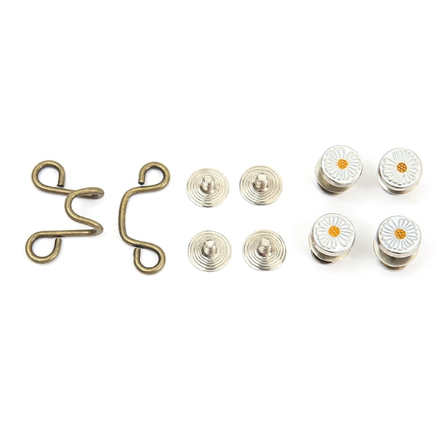 Ymiko Adjustable Waist Buckle Extender Sewing Buttons Pins Waistband set, featuring durable alloy components. Includes 1 flat hook waist buckle, 1 bend hook waist buckle, 4 nails, and 4 decorative buckle covers with daisy patterns. Designed for tightening waistbands or creating pleated effects on pants and skirts. Easy to use, detachable, and reusable.
