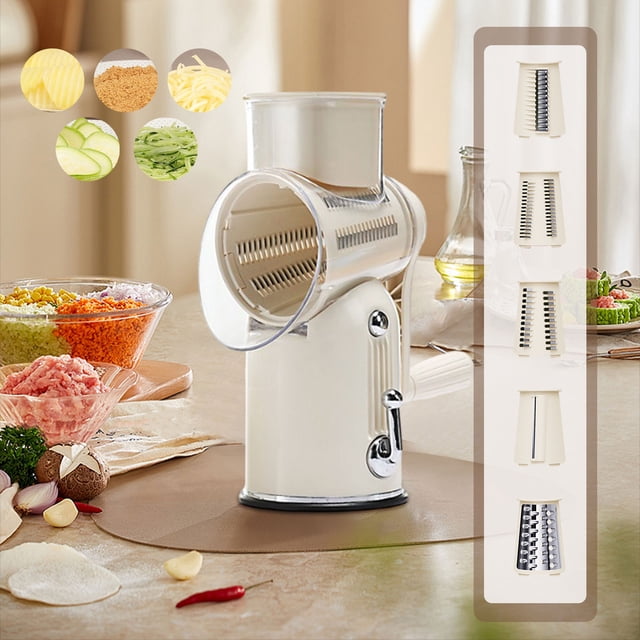 LSLJS Rotary Graters with Handle 5 In 1 Gourmets Cheese Graters Vegetables Slicers Manual Food Slicers with 5 Sets Replaceable Stainless Blades and Strong Suction