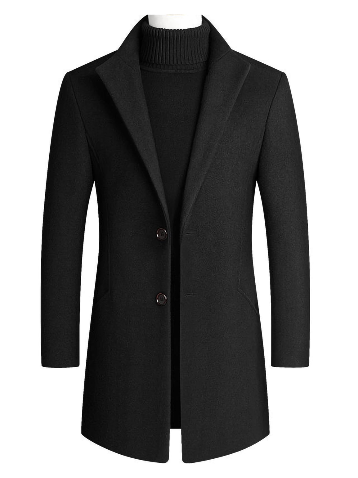 UKAP Men Pea Coat Solid Color Trench Coats Lapel Jacket Mid Length Work Outwear Black M