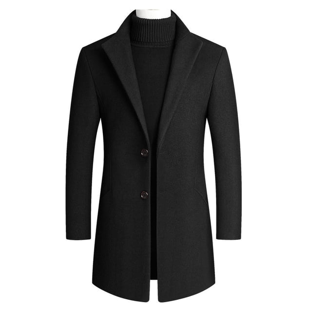 UKAP Men Pea Coat Solid Color Trench Coats Lapel Jacket Mid Length Work Outwear Black L