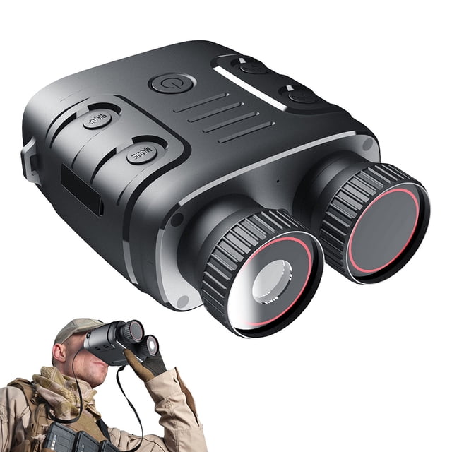 CazToi 4K Night Vision Binoculars with 5X Digital Zoom and 2.4-inch LCD Display. Features a sleek black design with dual lenses and textured grip. Equipped with a 3800mAh rechargeable battery for extended use, adjustable infrared with 7 brightness levels, and 1080P video recording with motion detection. Ideal for wildlife observation, camping, and security.