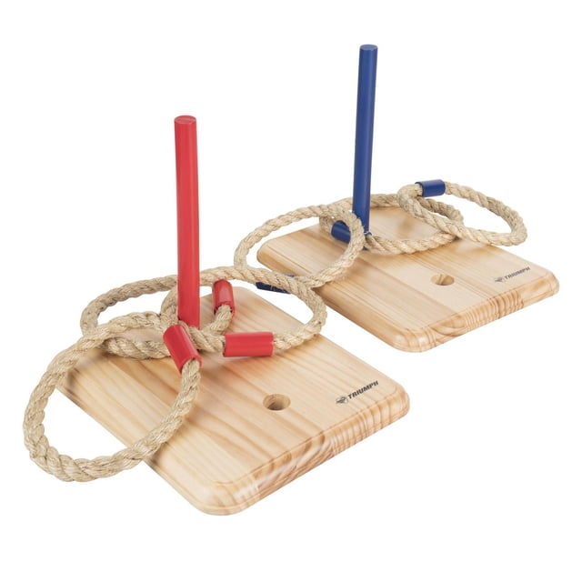 Triumph Ensemble de Jeu Extérieur de Lancer d'Anneaux en Bois avec Deux Cibles Empilables en Bois Massif Comprenant des Épingles Rouges et Bleues de 9 Pouces, et six Anneaux en Corde de sisal de 6,5 Pouces de Diamètre en Rouge et Bleu, Adapté aux Jeux dans la Cour et à un Rangement Facile.
