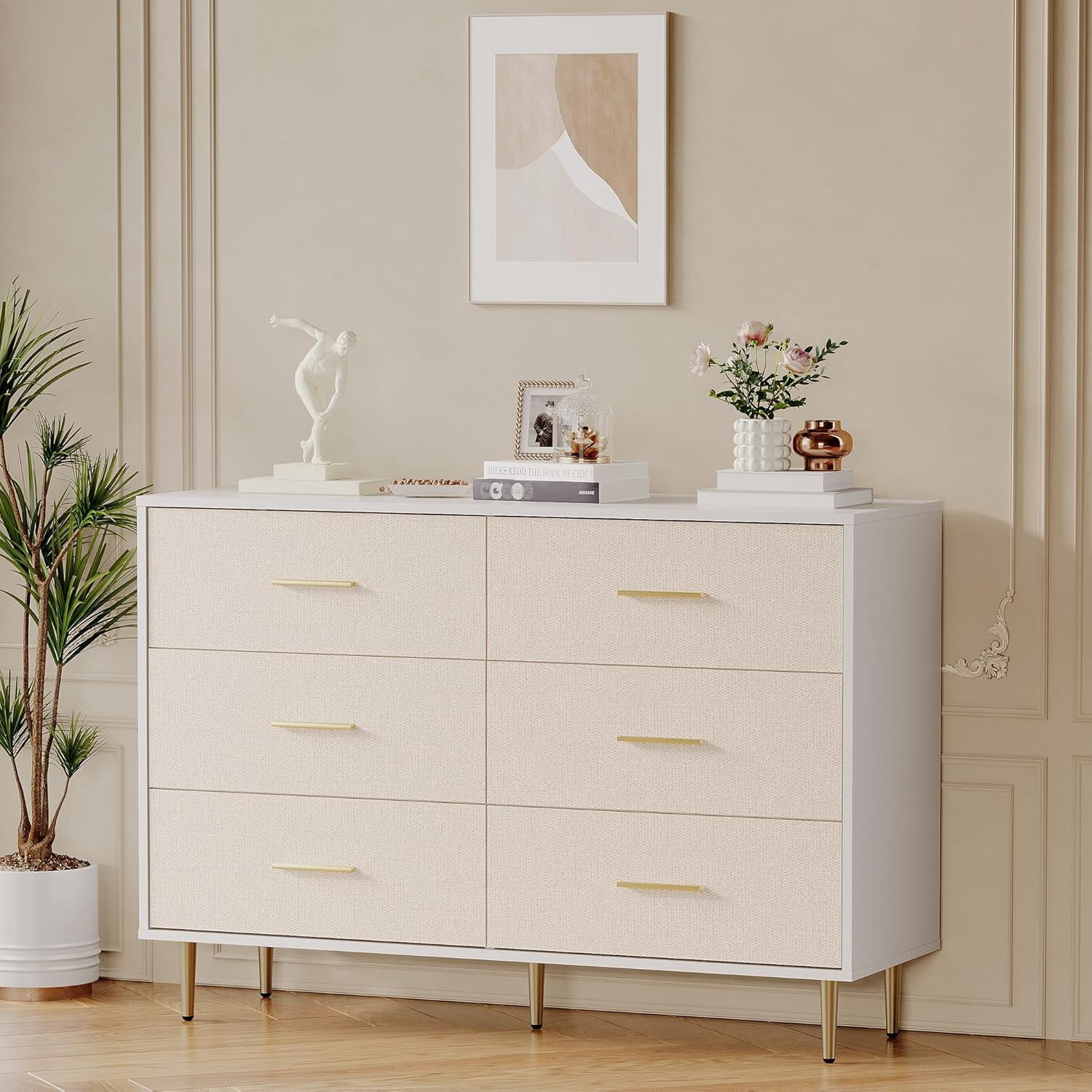 6 Drawer Dresser Modern White Chest of Drawers with Gold Legs and Handles Fabric Front Large Storage for Bedroom Entryway