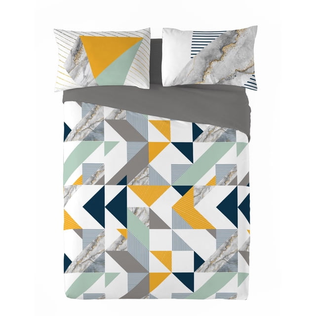 Gouchee Home Tekan Queen 3-Piece Duvet Cover Set with modern geometric multicolour triangles and stripes in mustard yellow, navy, gray, and mint green, marble-inspired accents, and a solid gray reversible side, made from breathable 100% Oeko-Tex certified cotton percale with hidden zipper closures on duvet and pillow shams.