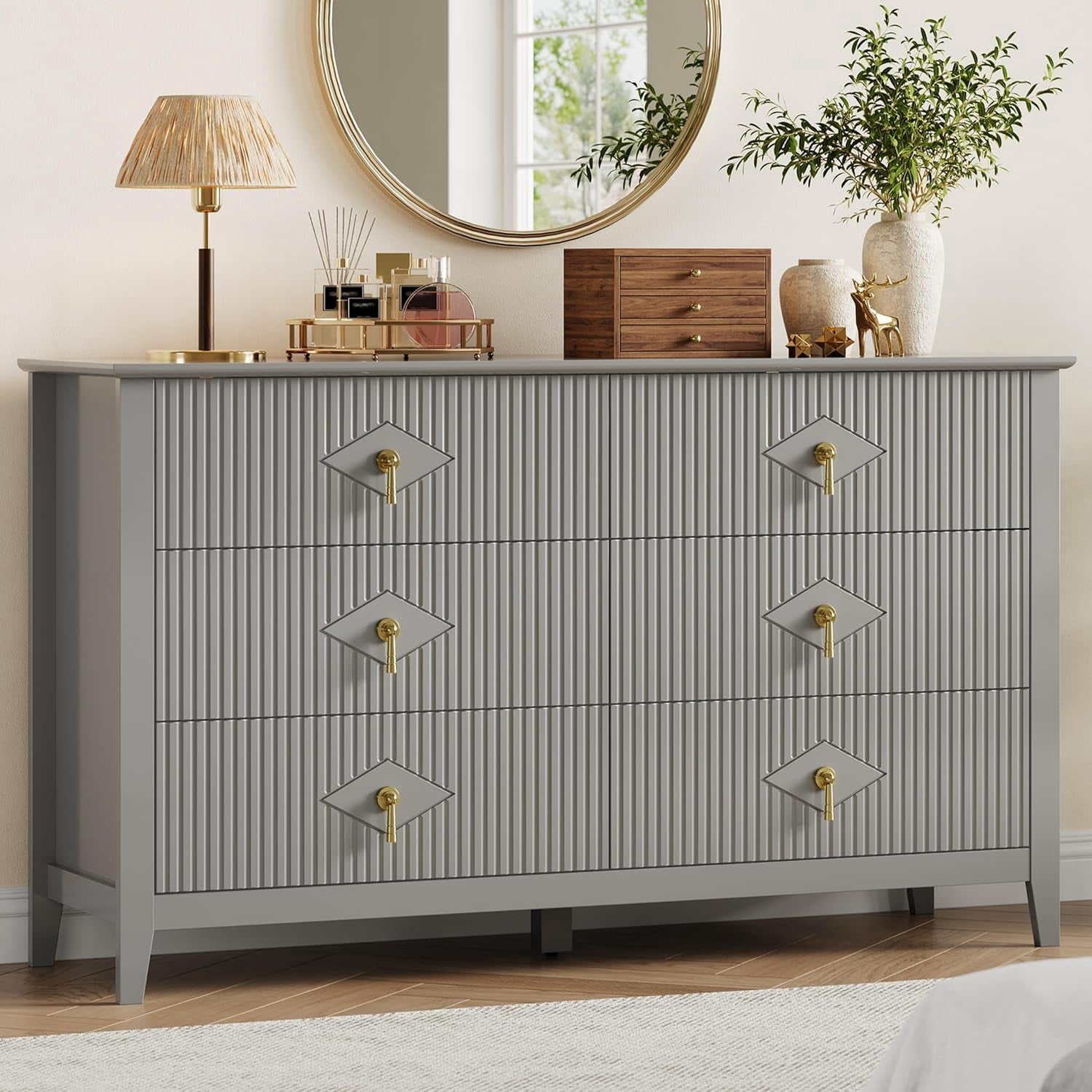 Fluted 6 Drawers Dresser for Bedroom, 54" Wide Modern Chest of Drawers with Metal Handle, Wooden Dresser Organizer for Bedroom, Living Room, Hallway, Entryway, Grey