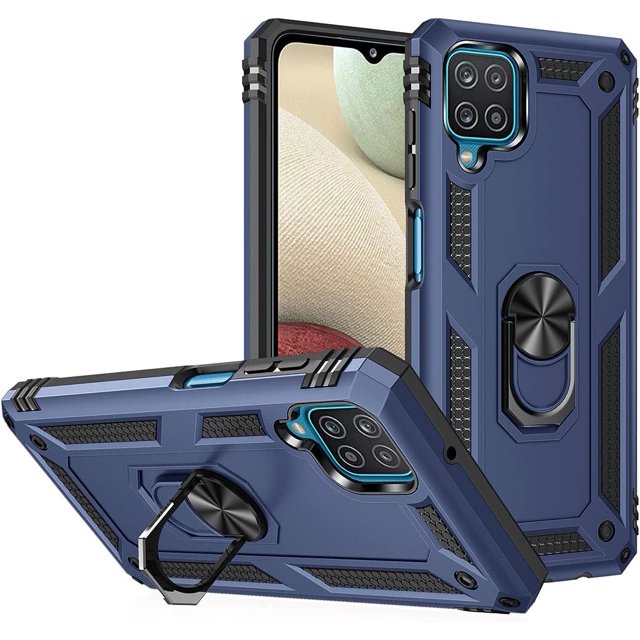 Classic Kickstand Case for Samsung Galaxy A12 5G in blue, featuring a durable acrylic back with military-grade protection. The case includes a built-in adjustable 360° magnetic ring holder that doubles as a kickstand for hands-free viewing. Designed with raised edges to protect the camera and screen, it offers anti-slip properties and precise cutouts for easy access to ports and buttons. Compatible with magnetic car mounts for convenient navigation while driving.