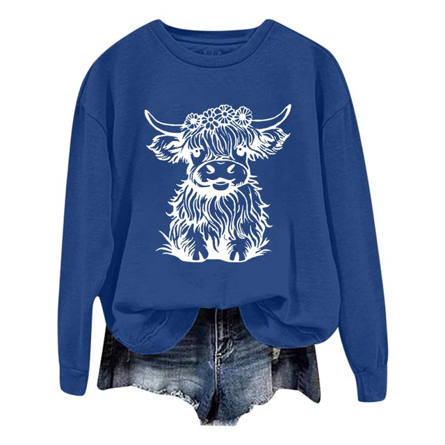 WEAIXIMIUNG Chandail pour Femmes Chic Chandail d'Automne et d'Hiver pour Femmes 2025 Col Rond Mode Chemise à Imprimé Vache Manches Longues Mode Décontractée Mode Haut de Sortie
