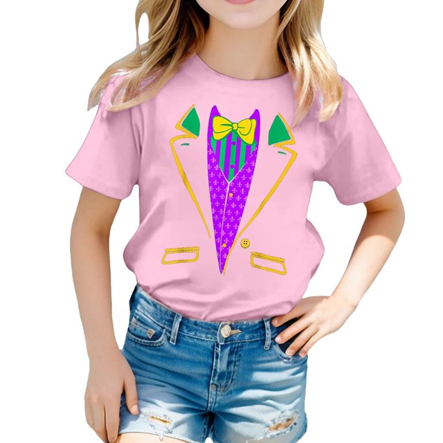 AJIWYH Uniformes pour Filles, Chemise Décontractée Imprimée à Col Rond à Manches Courtes pour Filles T-Shirt Chemise Décontractée, Chemises d'Uniforme Dorées pour Filles de 12-13 Ans, Rose Pâle