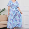 thumbnail image 4 of Robes Grande Taille pour Femmes Été Imprimé Robe Grande Taille Col en V Manches Courtes Taille Élastique Robe de Plage Robe de Soleil Robe Midi Fluide à Volants en Solde, 4 of 9