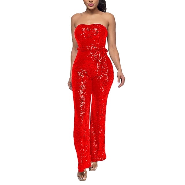 Wdgfv Robe à Paillettes pour Femmes Sans Manches, Combinaison à Paillettes Sans Bretelles pour Soirée, Rouge, P
