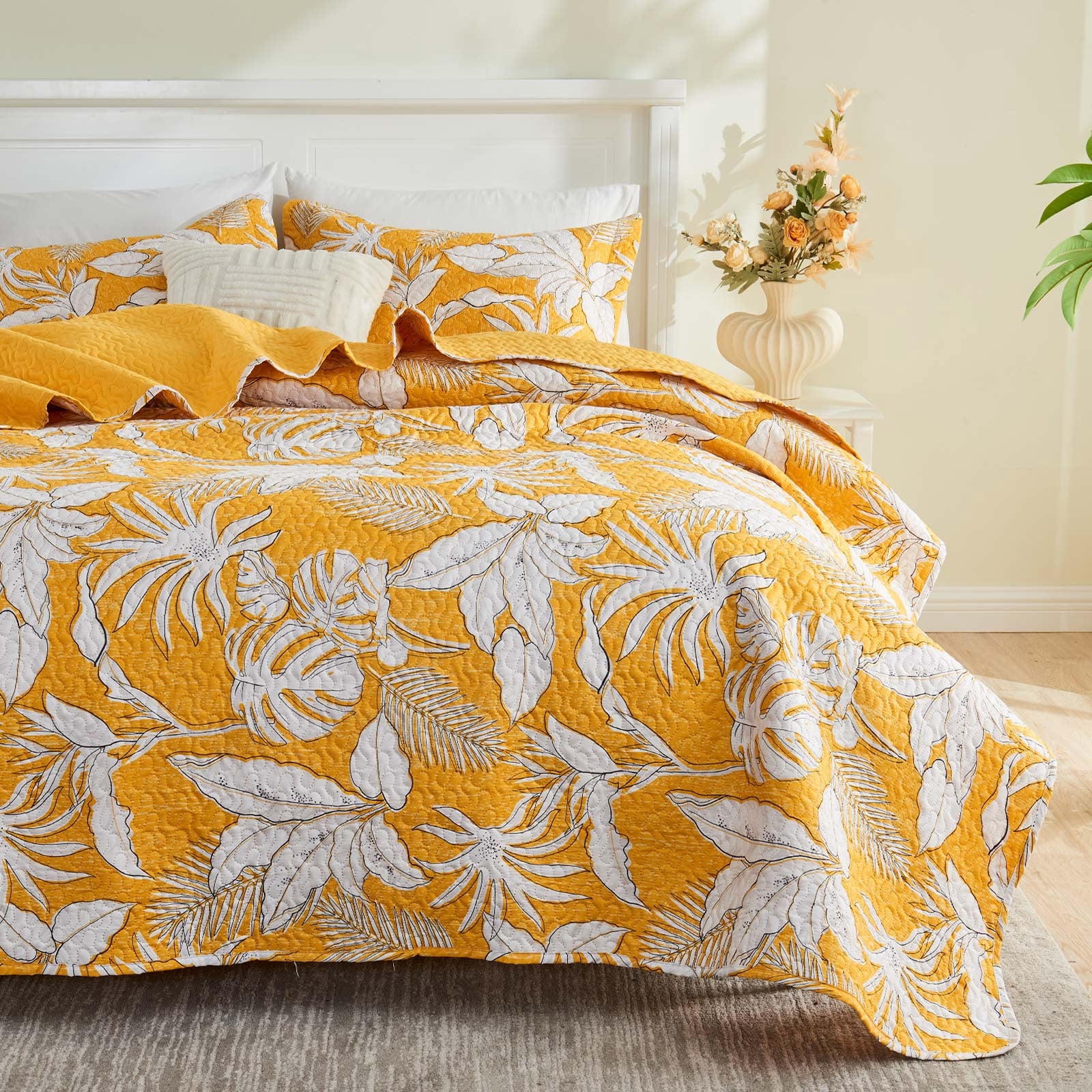 Gogreen Luxury Printed Quilt Set Queen Size, Lightweight Comforter Set, Oversized Bedspread Coverlet Quilted Bedding Set, with 2 Matching Pillowcases, for All Season