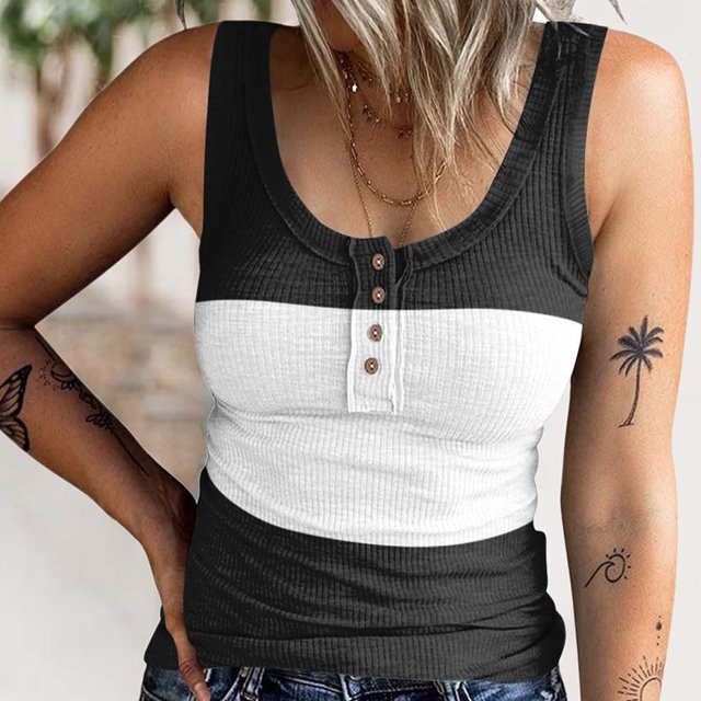 Women Ribbed Knit Sleeveless Top, Button Front Basic Camisole Scoop Neck Casual Stretchy for Daily Gradient Blue,Gradient Pink,Gradient Red,Gradient Purple,Pink Blue,Black White