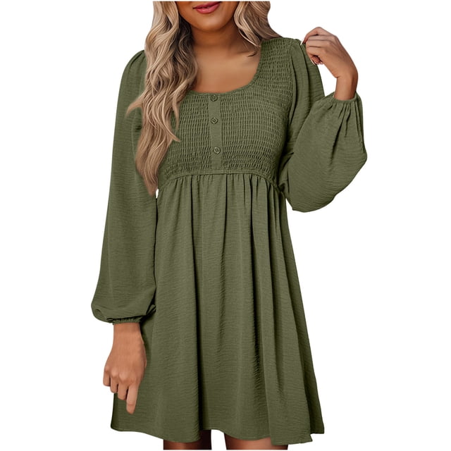 cfhntfmh Robes Décontractées pour Femmes Automne Amples à Manches Longues Robe Chemise Froncée Détente Col Rond Boutons Robe Plissée Mini