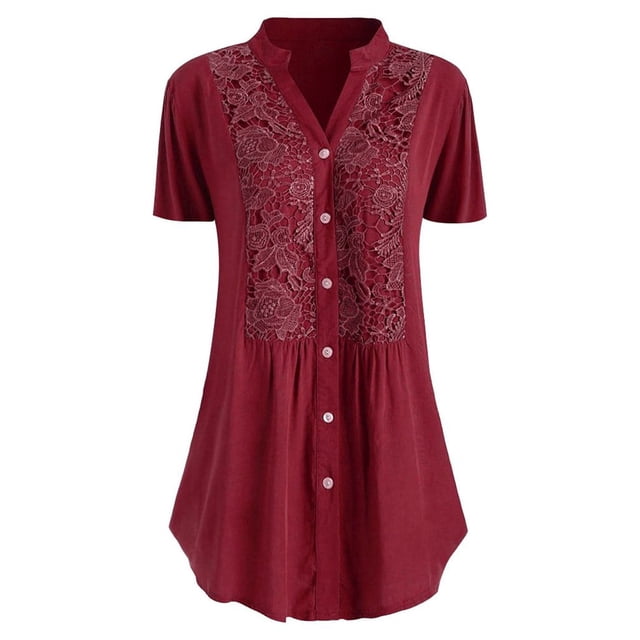 UPPADA Summer Plus Size Blouse for Women Short Sleeves V Neck Tops Solid Color Lace T Shirts Casual Button Tunic