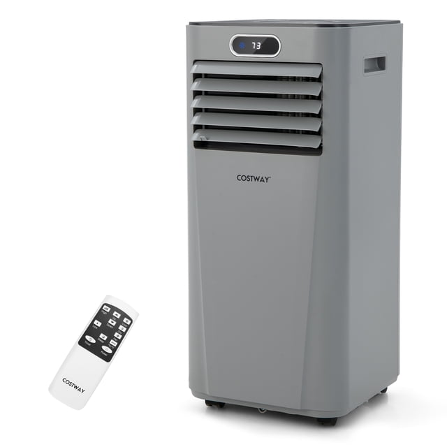 Costway 10000 BTU Portable Air Conditioner in grey with remote control, featuring adjustable vents, LED display, and universal wheels for easy movement. Supports cooling, dehumidifying, and fan modes, with a child lock for safety. Ideal for bedrooms, offices, and small apartments.