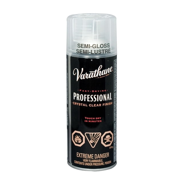 Varathane Professionnel Transparent Finish - Base à Huile - Vaporisateur Semi-Lustré avec Corps Noir et Capuchon Transparent, Finish Étiqueté à Séchage Rapide et Cristallin avec une Excellente Résistance aux Rayures et Durabilité, Avertissements de danger Extrême pour l'Inflammabilité et le poison, 319 g