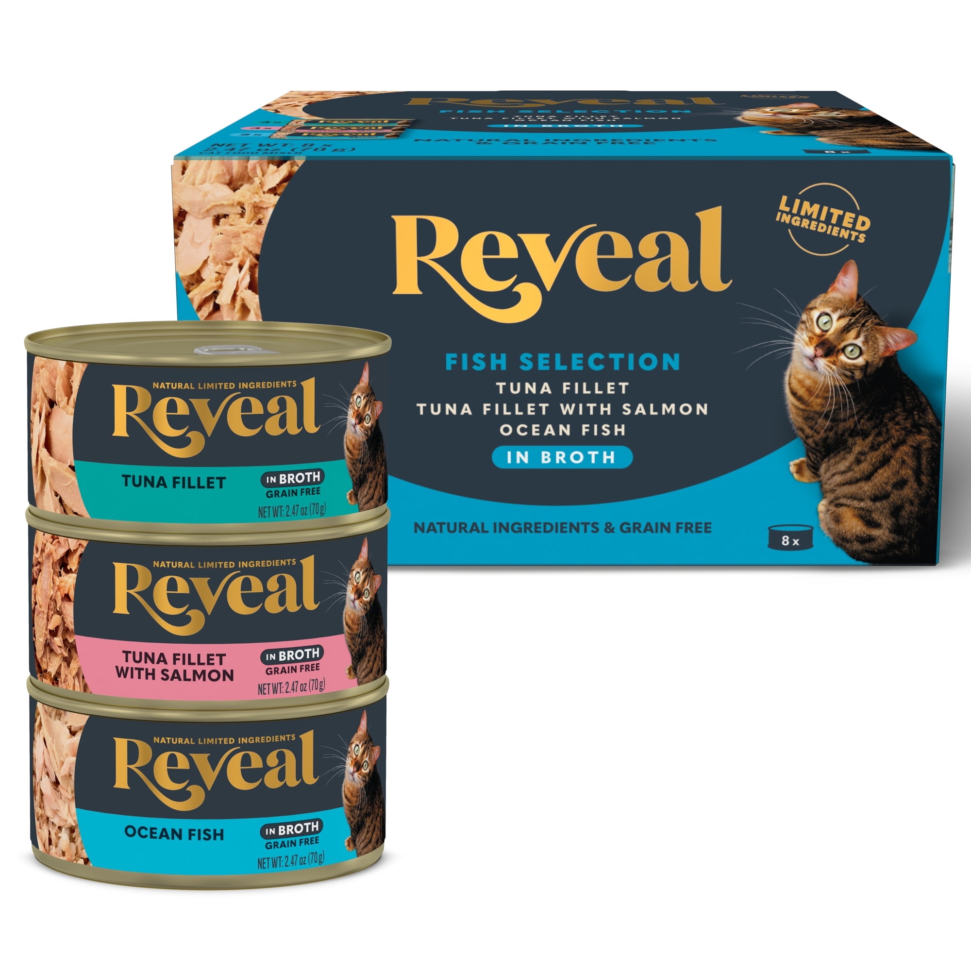 Reveal Natural Wet Cat Food Fish Selection in Broth 8 x 70g Cans
