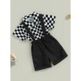 thumbnail image 3 of Faithtur Vêtements d'Été pour Garçons Imprimé Damier Manches Courtes Col Rabattu Chemises Hauts Bretelles Shorts Ensemble 2 Pcs, 3 of 8