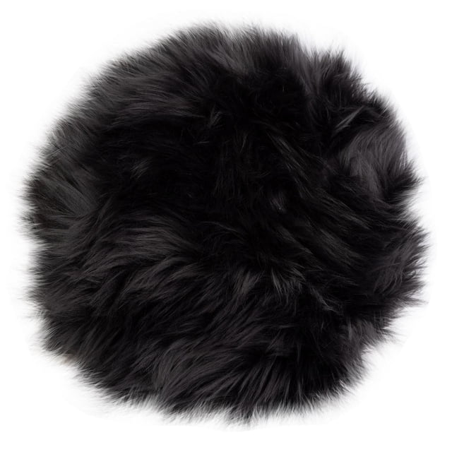 Gouchee Home Edinburgh Faux Fur Cushion 16" Round 2 Pack showing a close-up of a single black round throw pillow with a shaggy acrylic faux fur shell and soft polyester filling, suitable for adding warmth and texture to home décor.
