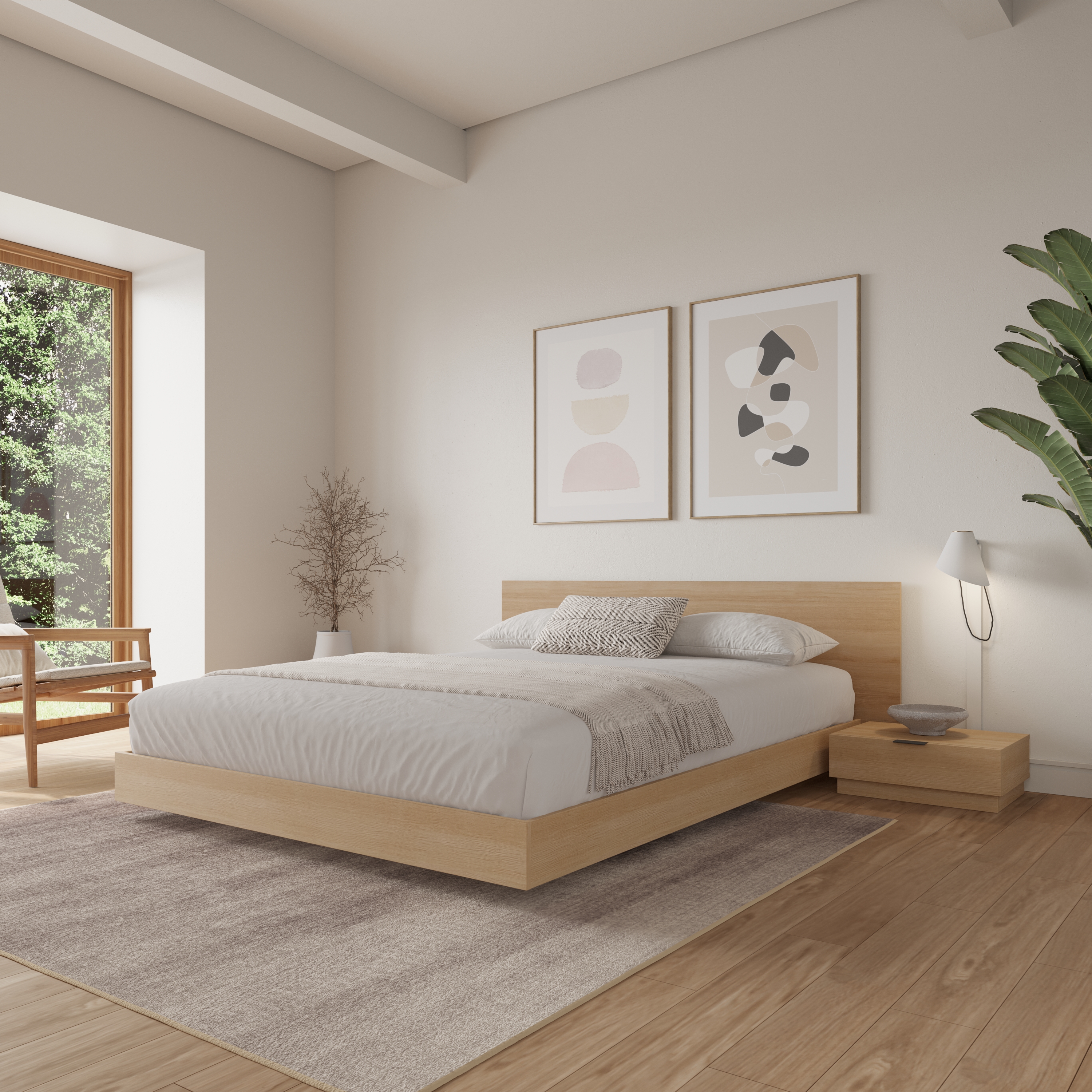 Ensemble de chambre à coucher Satori 4 pièces avec plateforme basse et lit queen en chêne blond naturel