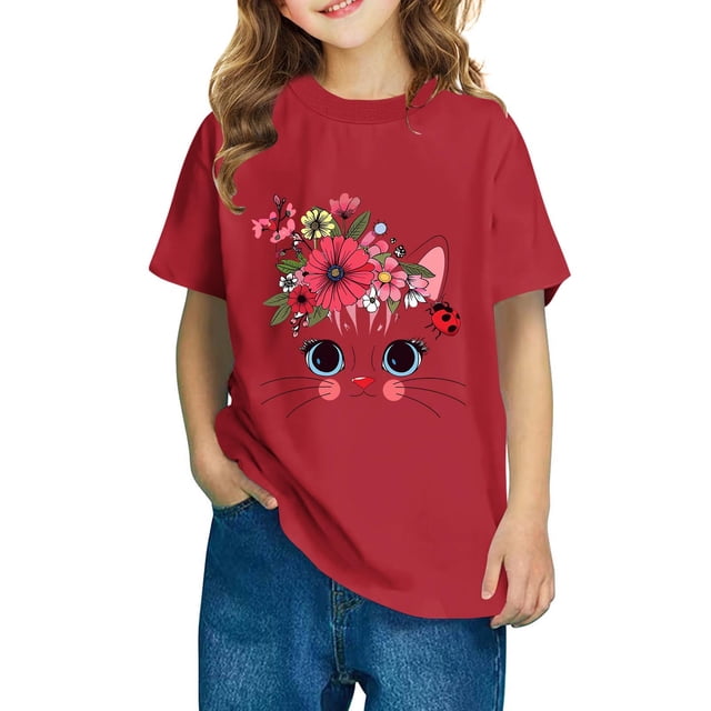 Rbaofujie T-Shirts Graphiques à Manches Courtes à Col Rond pour Filles, T-Shirts à Imprimé Animal, Tenues d'Été Mignonnes 3-9 Ans
