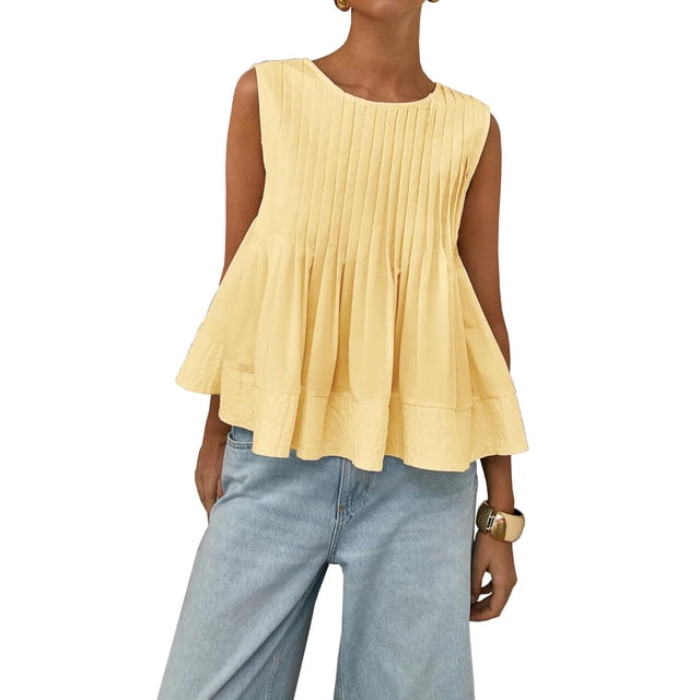 Débardeur Blouse Sans Manches à Basque Plissé d'Été pour Femmes, Col Rond, Style Babydoll Y2K, Chemise Blouse Jaune m